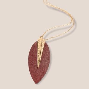 Faux Leather Brown Gold Leaf Pendant Necklace